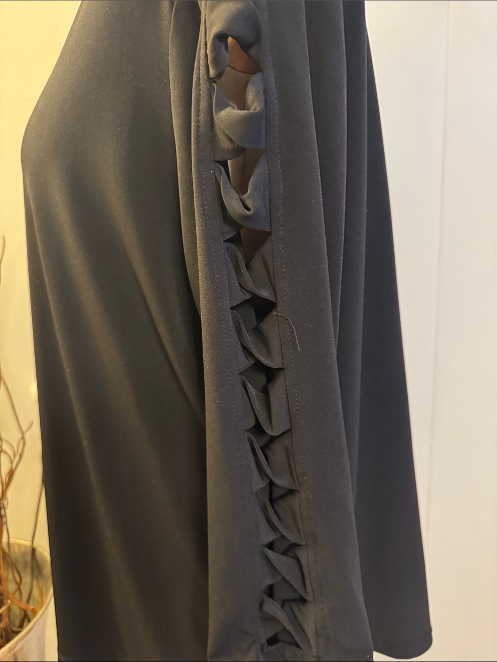 Susan Graver Black V-Neck Long Sleeve Top with cross cross accent sleeve - Picture 4 of 7